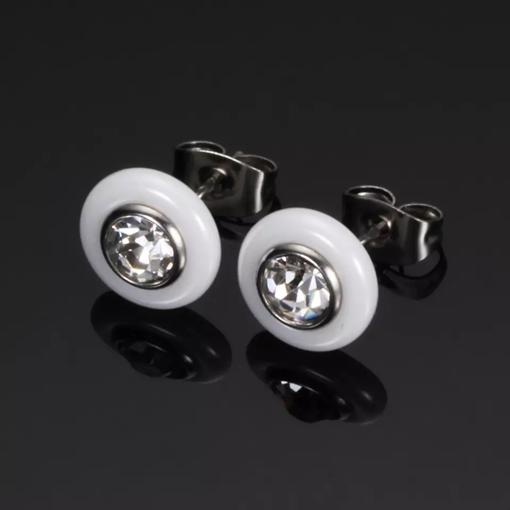 NEW White Solitaire Diamond Ceramic Stud Earrings - Picture 3 of 8